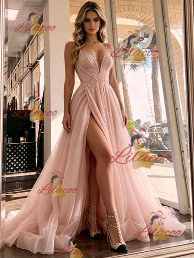Pink Tulle Spaghetti Straps Prom Dress