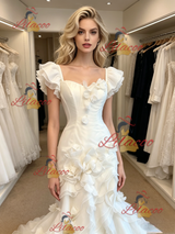 White Mermaid Tulle Straps 3D Flower Wedding Dress