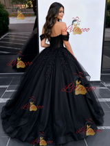 Black Tulle Off the Shoulder Appliques Quinceanera Dress