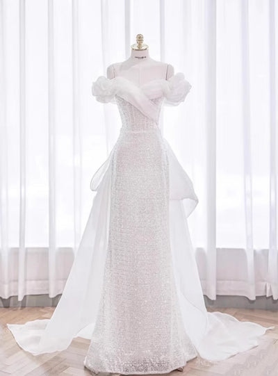 Simple White Sequins Off the Shoulder Wedding Dress