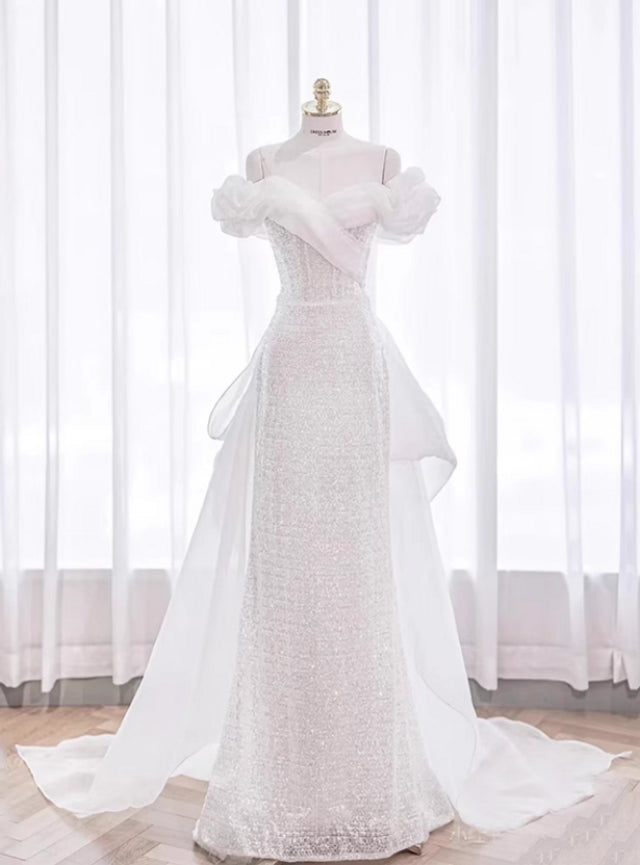 Simple White Sequins Off the Shoulder Wedding Dress