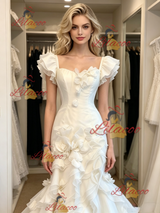 White Mermaid Tulle Straps 3D Flower Wedding Dress