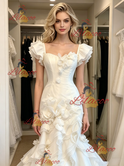White Mermaid Tulle Straps 3D Flower Wedding Dress