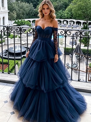 Navy Blue Tulle Long Sleeve Prom Dress