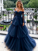 Navy Blue Tulle Long Sleeve Prom Dress