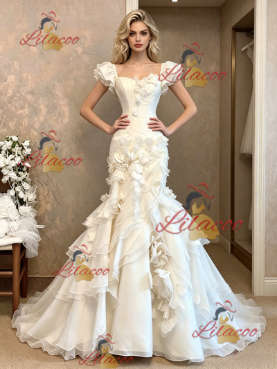 White Mermaid Tulle Straps 3D Flower Wedding Dress