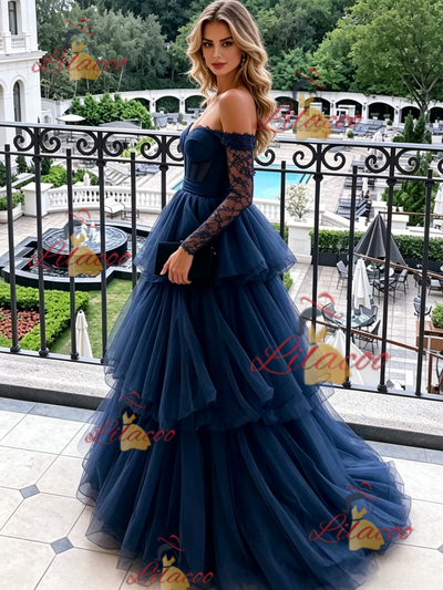Navy Blue Tulle Long Sleeve Prom Dress