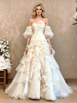 White Tulle Strapless Puff Sleeve Flower Wedding Dress