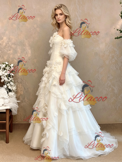 White Tulle Strapless Puff Sleeve Flower Wedding Dress