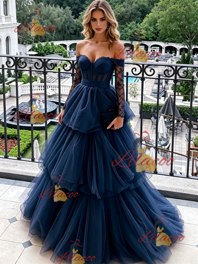 Navy Blue Tulle Long Sleeve Prom Dress