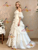 White Tulle Strapless Puff Sleeve Flower Wedding Dress