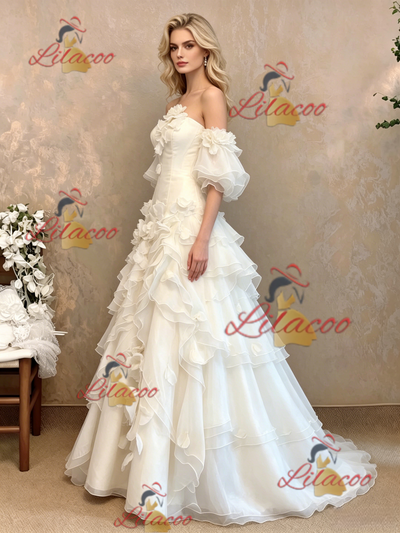 White Tulle Strapless Puff Sleeve Flower Wedding Dress