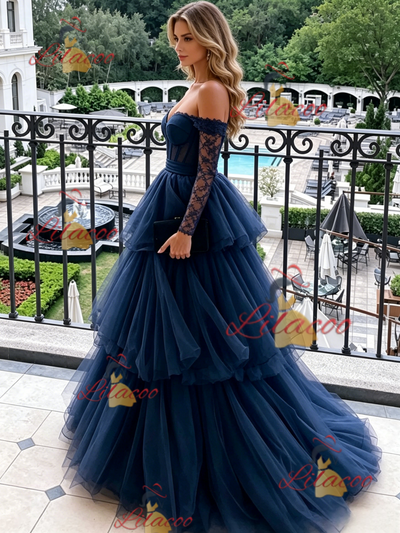 Navy Blue Tulle Long Sleeve Prom Dress