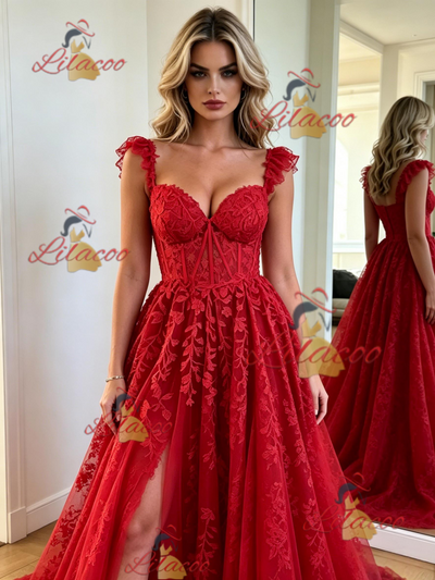 Red Tulle Lace Appliques Prom Dress