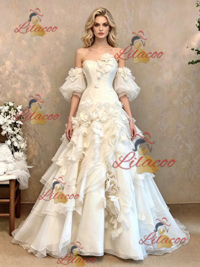 White Tulle Strapless Puff Sleeve Flower Wedding Dress