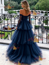 Navy Blue Tulle Long Sleeve Prom Dress