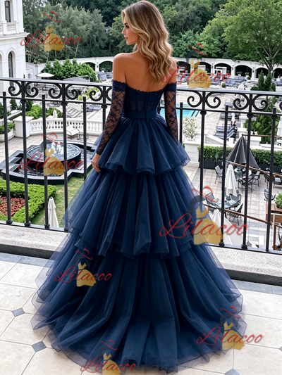 Navy Blue Tulle Long Sleeve Prom Dress