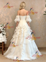 White Tulle Strapless Puff Sleeve Flower Wedding Dress