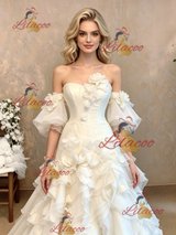 White Tulle Strapless Puff Sleeve Flower Wedding Dress