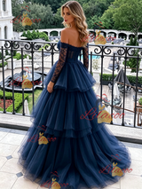 Navy Blue Tulle Long Sleeve Prom Dress
