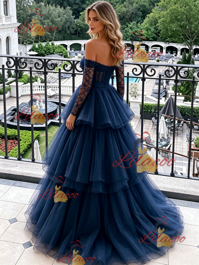 Navy Blue Tulle Long Sleeve Prom Dress