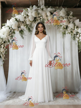 White Long Sleeve V-neck Wedding Dress