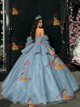 Blue Tulle Appliques Straps Quinceanera Dress