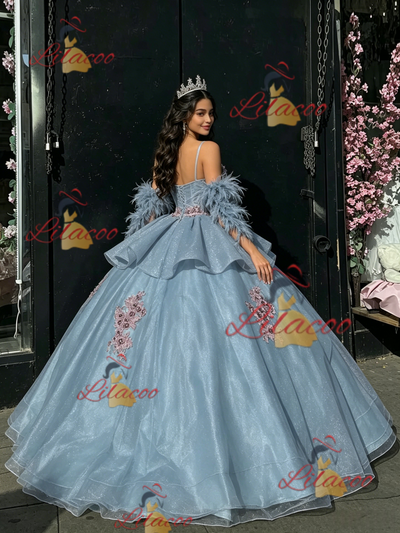 Blue Tulle Appliques Straps Quinceanera Dress