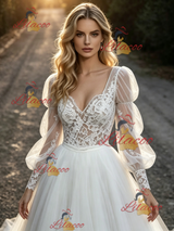 White Tulle Lace Long Sleeve Wedding Dress