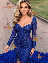 Blue Mermaid Long Sleeve Prom Dress