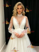 White Tulle Long Sleeve Pleats Wedding Dress