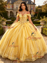 Yellow Tulle Off the Shoulder Appliques Quinceanera Dress