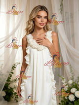 Beige White V-neck 3D Flower Wedding Dress