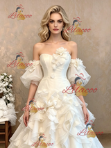 White Tulle Strapless Puff Sleeve Flower Wedding Dress