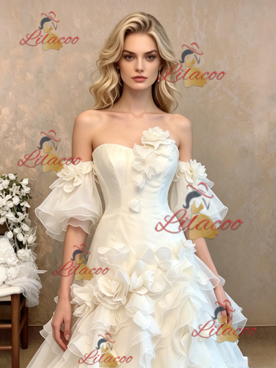 White Tulle Strapless Puff Sleeve Flower Wedding Dress