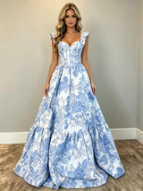White Print Straps Prom Dress