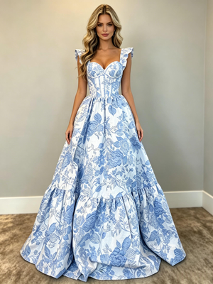 White Print Straps Prom Dress