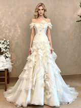 White Tulle Strapless Flower Wedding Dress