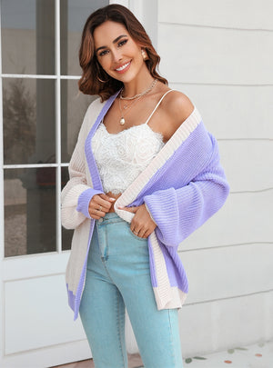 Loose Stitching Color Matching Sweater Coat