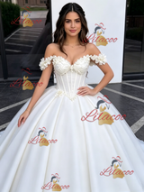 Beige White Off the Shoulder Appliques Quinceanera Dress