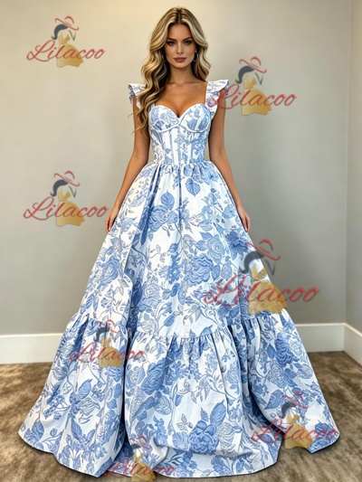White Print Straps Prom Dress