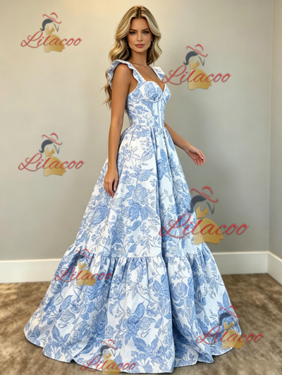 White Print Straps Prom Dress