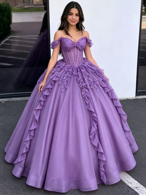 Purple Tulle Off the Shoulder Appliques Quinceanera Dress