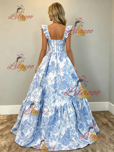 White Print Straps Prom Dress