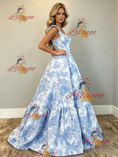White Print Straps Prom Dress