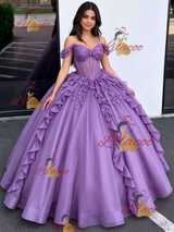 Purple Tulle Off the Shoulder Appliques Quinceanera Dress