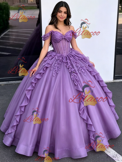 Purple Tulle Off the Shoulder Appliques Quinceanera Dress