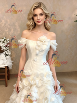 White Tulle Strapless Flower Wedding Dress