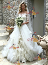 White Tulle Lace Short Sleeve Wedding Dress