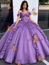Purple Tulle Off the Shoulder Appliques Quinceanera Dress